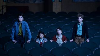 Some of the young cast of IT: Welcome to Derry, including Phil (Jack Molloy Legault), Lilly (Clara Stack), and Teddy (Mikkal Karim-Fidler).
