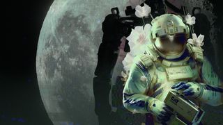 Key art for Routine showing an astronaut looking at a CAT scanner with a shadowy robot figure behind them, and the moon behind them both